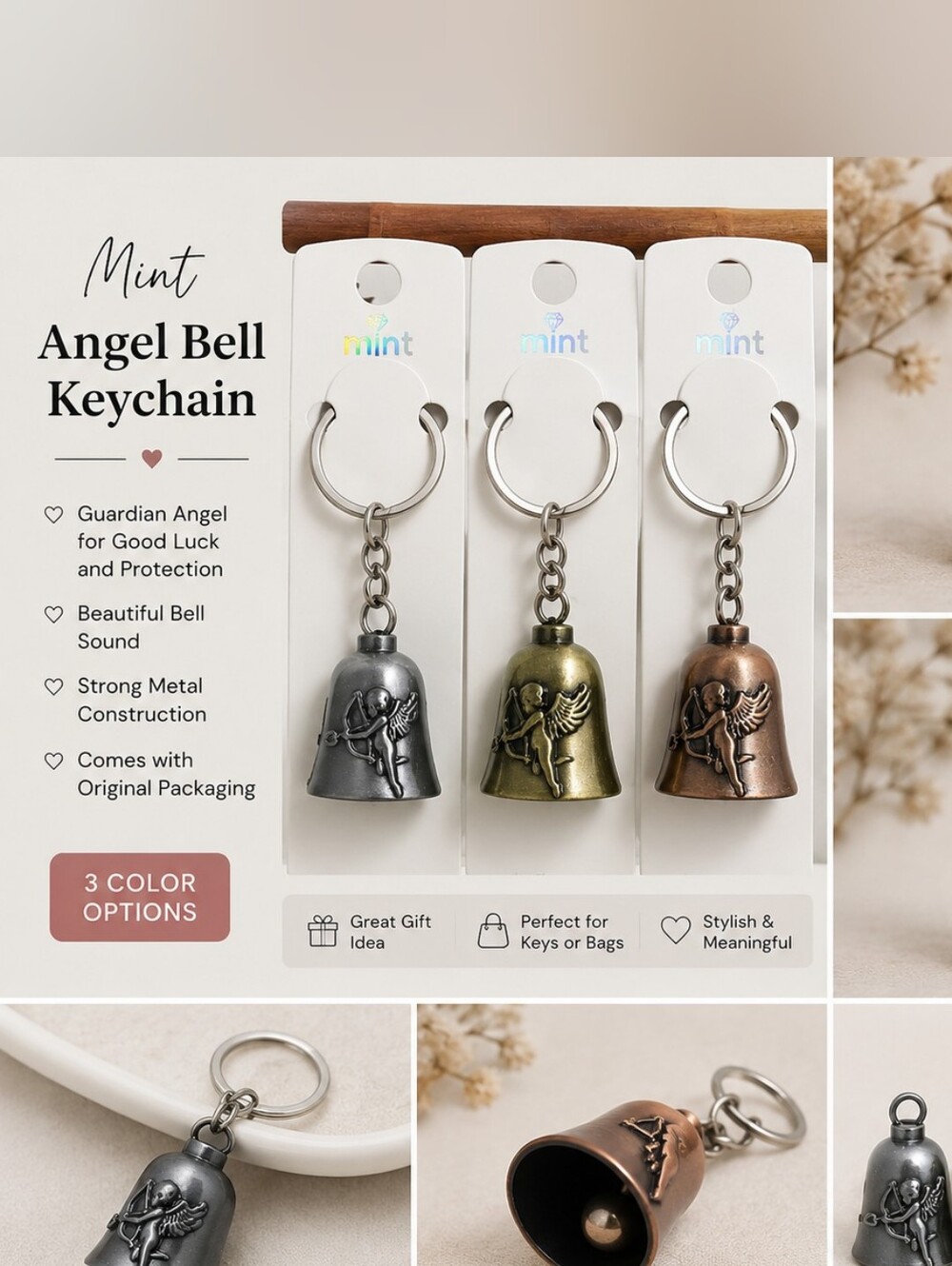 Angel Bell Keychain Set in Silver, Green, and Bronze